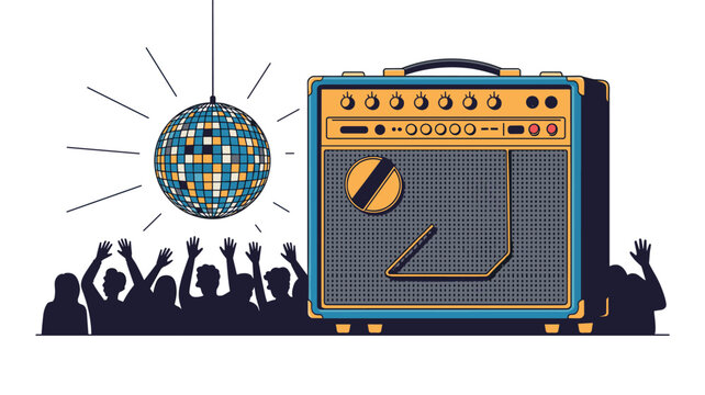 A shimmering disco ball hangs above a crowd silhouette next to a large blue and orange guitar amplifier speaker on a white background.