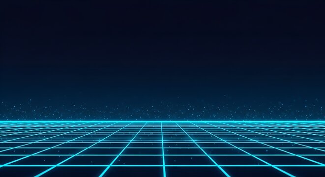 Glowing cyan neon grid lines form a perspective floor plane with floating particles on a dark blue digital canvas