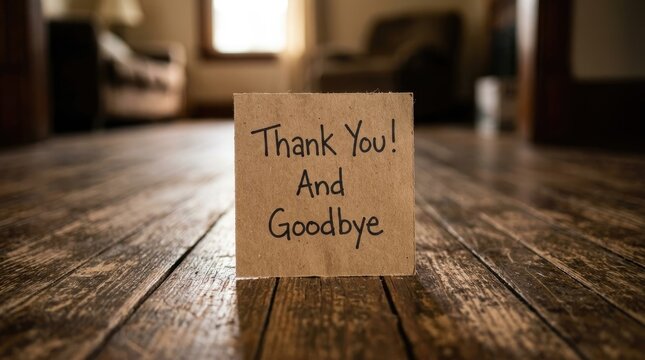 Brown paper note featuring handwritten thank you and goodbye message resting on rustic wooden floorboards in a warm home interior