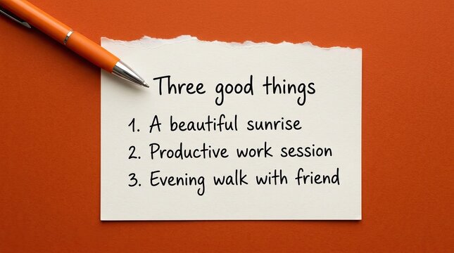 White paper note with handwritten three good things list and an orange pen resting on a vibrant orange background surface
