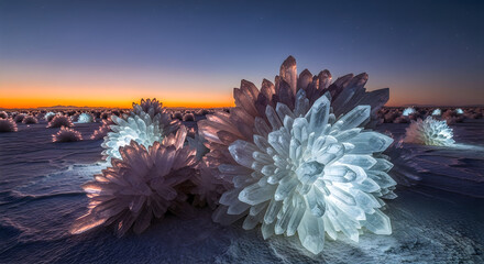 Naklejka premium Glowing Quartz Crystals on Frozen Salt Flat at Sunset, Surreal Landscape Photography