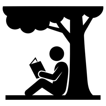Minimalist black vector graphic illustration depicting a stylized human figure sitting quietly under a large tree while reading an open book during daytime