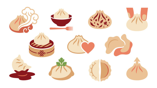 Collection of delicious dumplings and dim sum icons, representing various Asian food dishes.