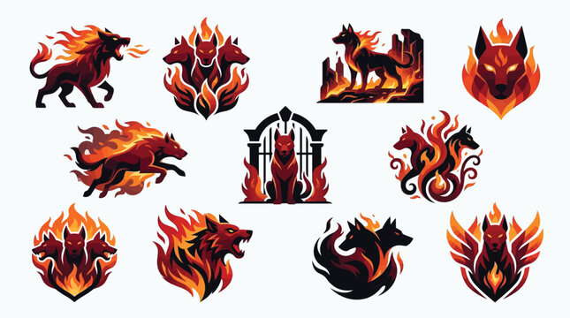 Collection of Fiery Mythological Creatures and Symbols, Featuring Cerberus and Other Hellhounds.