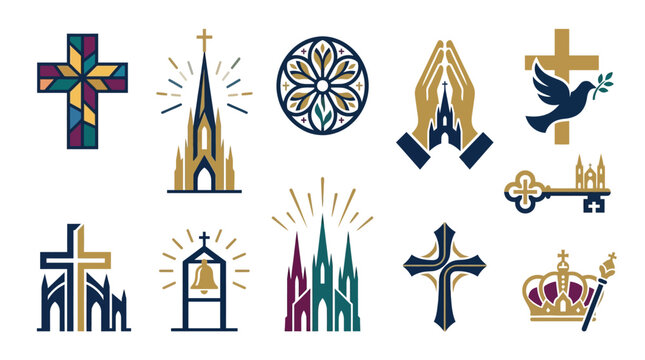 Collection of Christian religious symbols and icons, including crosses, churches, praying hands, and a dove.