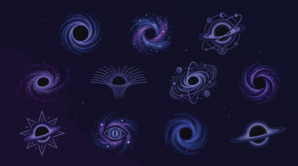 Collection of stylized black holes and cosmic phenomena in deep space with stars and nebulae. © tr