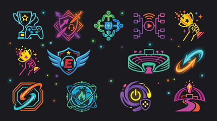 Collection of neon gaming icons and symbols representing achievements, competition, and digital entertainment. © tr