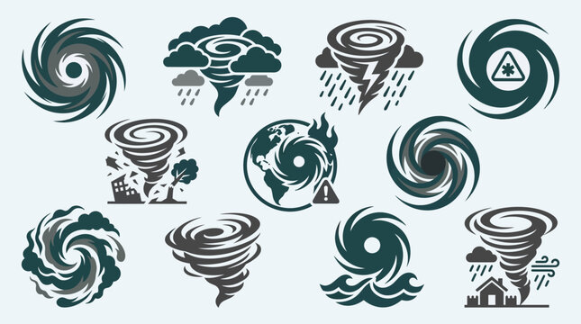 Collection of stylized icons representing hurricanes, tornadoes, and severe weather phenomena.