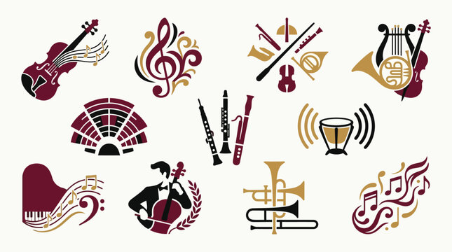 Collection of stylized musical instruments and symbols, representing classical music and orchestra.