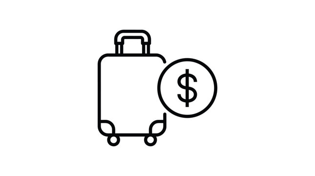 Simple black and white line art icon showing a travel suitcase combined with a dollar currency symbol representing the total cost of a vacation trip