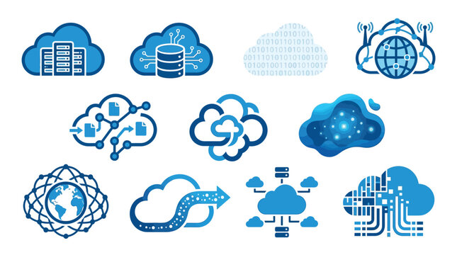 Collection of cloud computing icons representing data storage, network, and technology concepts.