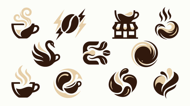 Collection of coffee-themed logos and icons, featuring coffee beans, cups, and abstract designs.