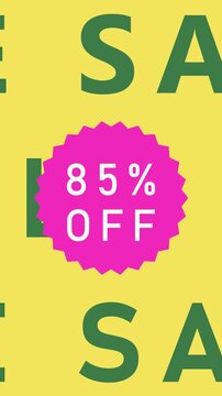 Cheerful Yellow Background Featuring Bold Green SALE" Text and a Hot Pink Starburst Emblem Announcing an Eighty- Five Percent Off Discount Promotion Keywords: sale, eighty-five percent