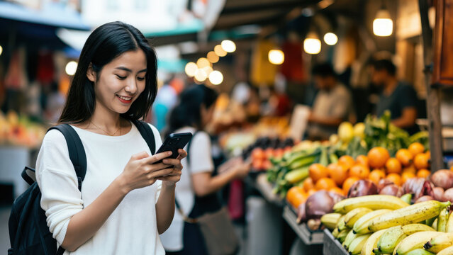 Asian Woman in Market: A smiling young Asian woman, dressed casually with a backpack, engrossed in her smartphone while browsing fresh produce at an outdoor market stall.