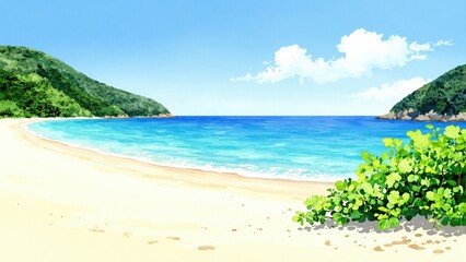 Obraz premium Idyllic Beach Escape: Crystal-clear turquoise waters gently lap against a pristine sandy beach, framed by lush green hills under a bright blue sky with scattered clouds.