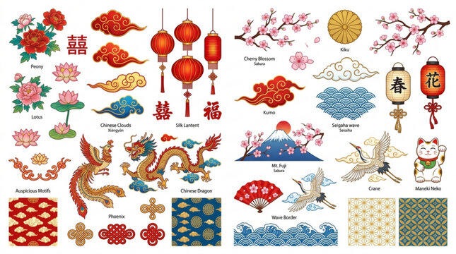 Vibrant collection of chinese and japanese decorative designs symbols and motifs including lanterns dragons cherry blossoms and auspicious elements on white background
