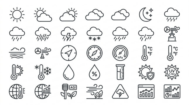 Climate monitoring line icon pack with weather symbols and environmental graphics for ecology and sustainability concepts