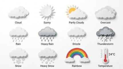 Fototapeta premium Collection of paper cut weather icons for forecasting and climate presentation