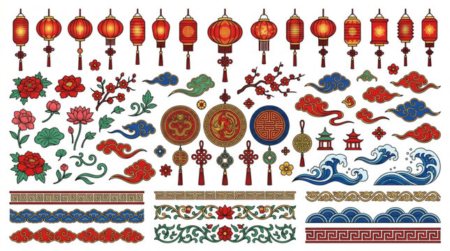 Oriental decorative elements chinese lanterns flowers clouds and borders on white background for design