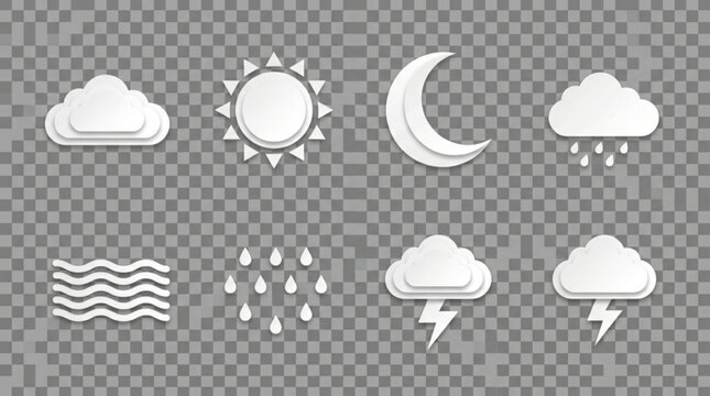 Weather icons set with sun moon clouds rain lightning and waves on transparent background for forecasting and design