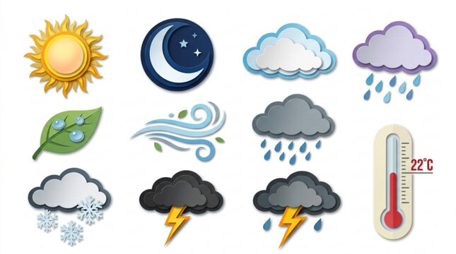 Weather icons set including sun moon clouds rain snow lightning wind and thermometer on white background for forecasting and climate monitoring
