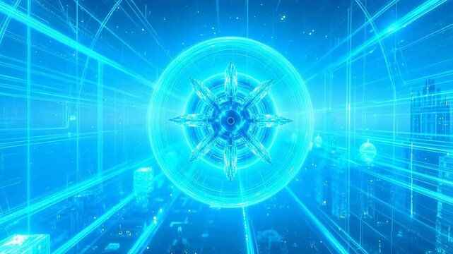 Digital Compass Navigating Through Futuristic Blue Grid System