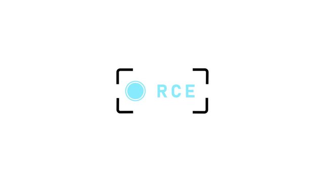 A bright cyan circle and the letters RCE are enclosed within white corner brackets on a clean white background representing a digital or Keywords: symbol, text, letters, RCE, circle