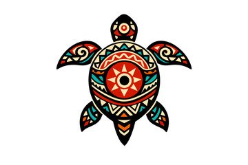 Naklejka premium Decorative tribal turtle with colorful geometric patterns, red, turquoise and cream details, ethnic vector illustration isolated on transparent background