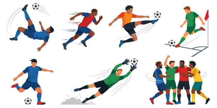 Soccer game dynamic illustration with players in action shots around the field