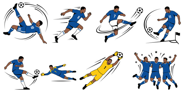 Dynamic Soccer Action Illustrations Set Featuring Players Kicking, Saving, Running, and Celebrating Goals