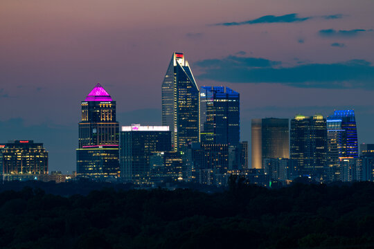The Charlotte, NC skyline buildings in festive colors on Cinco de Mayo day
