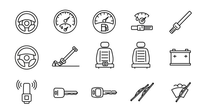 Vehicle part icons steering wheel gauges seat battery key wiper symbols