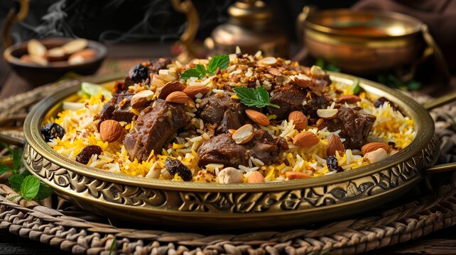 Traditional Gulf Lamb Machboos with Spiced Rice, Authentic Arabian Feast Garnished with Nuts and Herbs, Popular Kuwaiti and Gulf Cuisine Dish