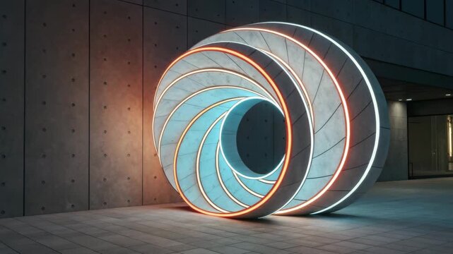 Abstract Geometric Sculpture with Neon Illumination in Urban Setting