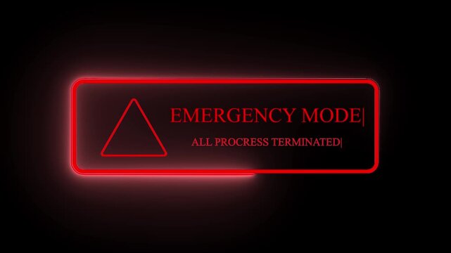 Emergency mode alert system red warning triangle screen glitch effect dark background