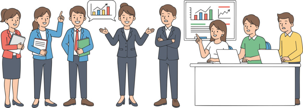 Vector illustration of professional business team analyzing financial data charts and graphs during strategic meeting in modern office setting.