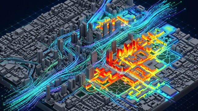 3D City CFD Wind Flow and Heat Simulation, Urban Microclimate Digital Twin and Airflow Visualization, Transparent Background Cut Out