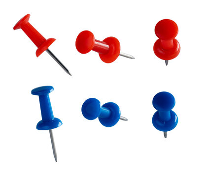 Red and blue push pins set isolated on transparent background multiple angles office and school supplies organization concept. 