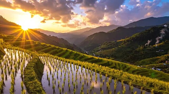 A golden sunset illuminates the lush green terraced rice fields in the mountains