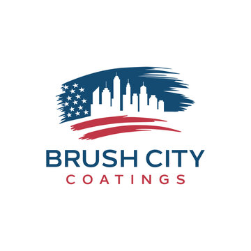 Brush City Coatings Logo with American Flag Brush Stroke and City Skyline for USA Painting Service