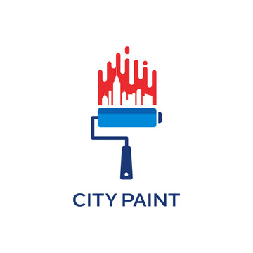 City Paint Logo Design with Paint Roller and City Skyline Silhouette for Home Improvement and Real Estate Service