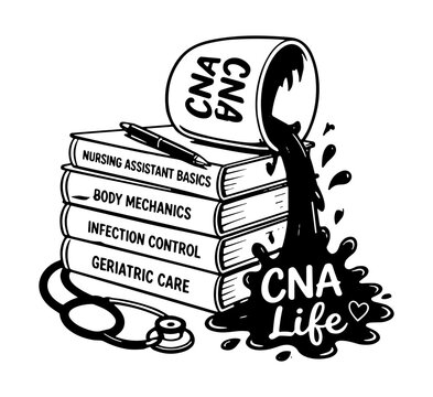 CNA Life Coffee Spill and Notebook Illustration for Tshirt Design EPS