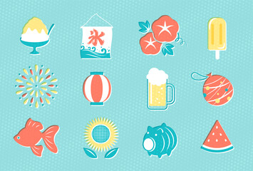 set of retro Japanese summer vector illustration icons