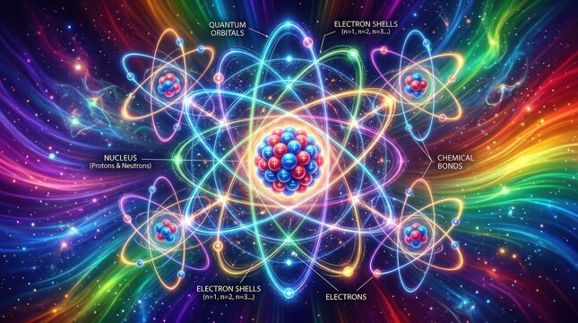 A vibrant and colorful illustration of an atomic structure with electrons orbiting the nucleus in a stunning cosmic background