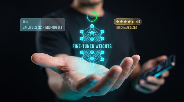 Fine-Tuned Neural Weights Interface Floats Above Researcher Hands to Display Benchmark Scores, Configure Batch Size and Dropout, Evaluate Optimization Results