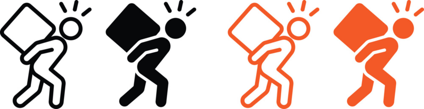 Man carrying heavy box silhouette icon set
