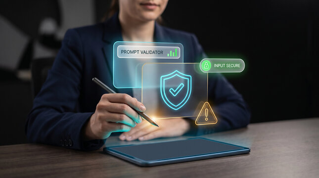 Prompt Validator Security Dashboard Floats Above Business Professional Tablet to Validate User Inputs, Confirm Security Clearance, Alert Against Prompt Vulnerabilities