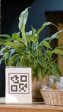 Vertical video: Panning camera revealing cafe counter, green plant, QR sign, wrapped baked goods