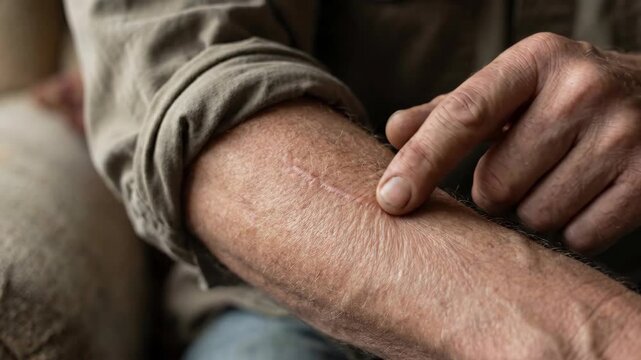 Adult male arm skin scratch injury pain recovery healing scar close up hand touch rough skin texture SEO searchable title