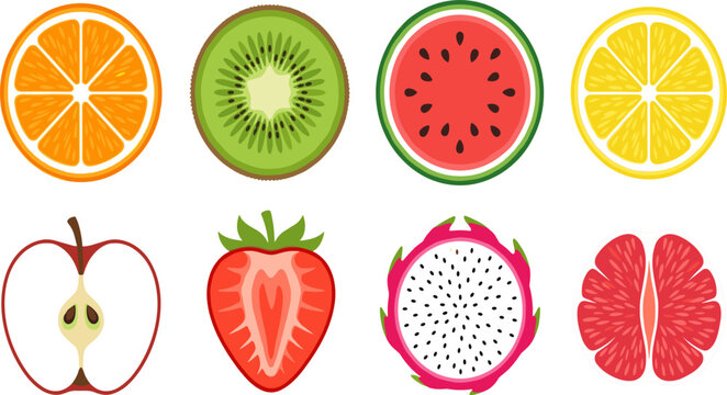 Colorful fruit slice collection with orange kiwi watermelon lemon apple strawberry dragon fruit and grapefruit vector illustration